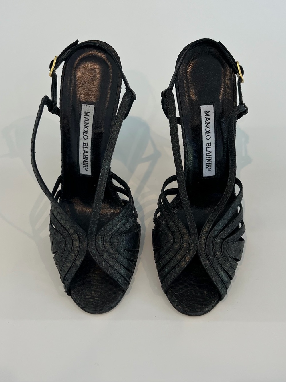 MANOLO BLAHNIK BLACK GRAY SLING BACK SANDALS SIZE IT 37.5 / US 37.5